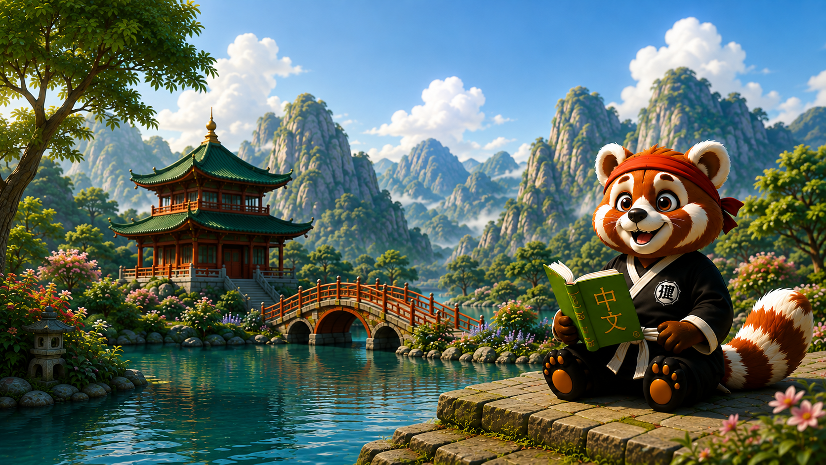 Luoji the red panda reading a Chinese book by a temple in the mountains